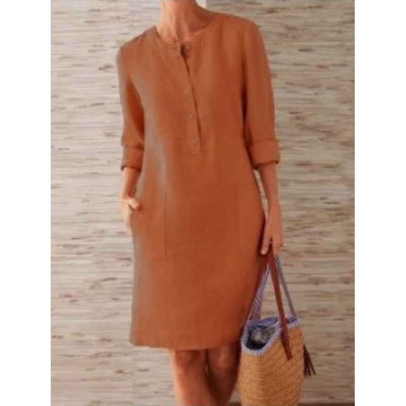 Damen Locker geschnittenes Leinenoptik-Kleid mit dreiviertel-Ärmeln, Knopfleiste und Eingrifftaschen Echo Archiv
