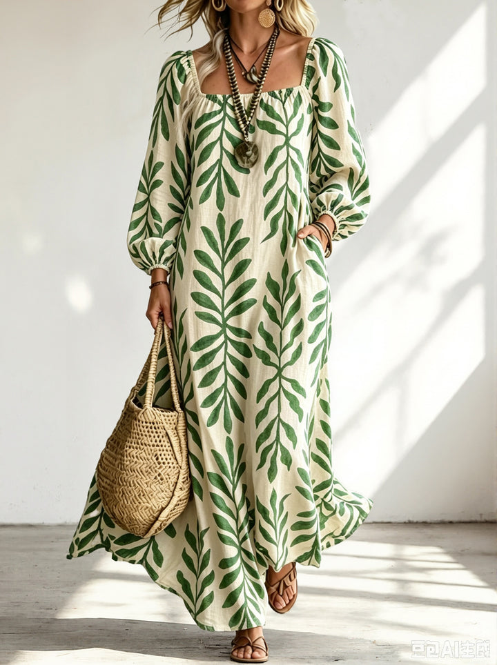 Damen Maxikleid mit quadratischem Ausschnitt, Ballonärmeln und botanischem Print Echoarchiv