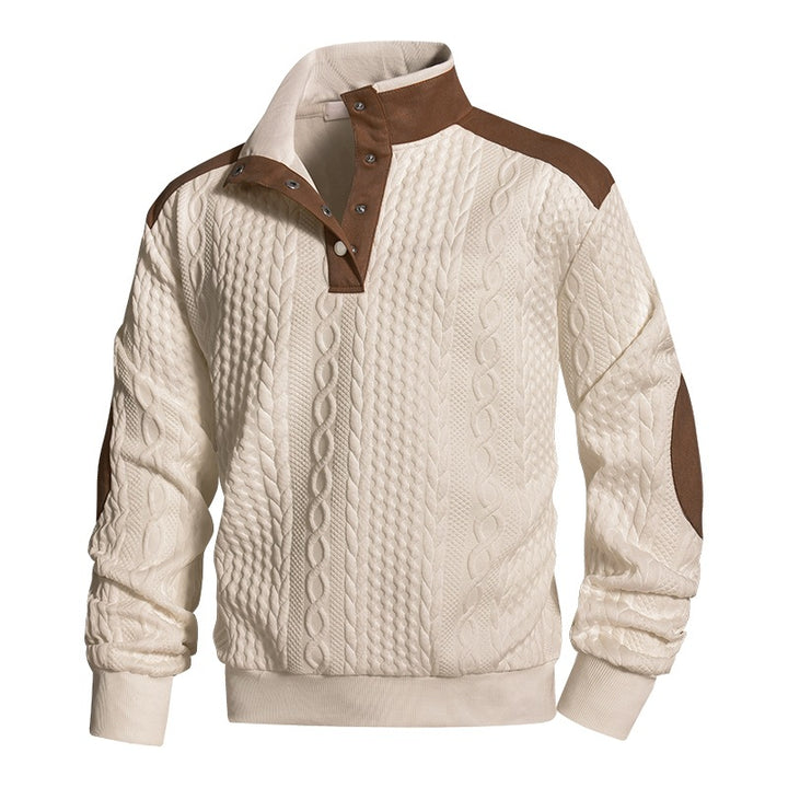 Herren Strickpullover mit Zopfmuster, Stehkragen und Kontrast‑Schulter- & Ellbogenpatches Echoarchiv