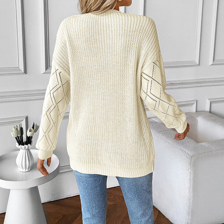 Damen Gestrickter V‑Ausschnitt‑Pullover mit Spitzen‑Einsatz und Ajourärmeln Echoarchiv