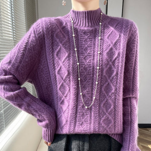 Damen Kuscheliger Mohair‑Optik Mockneckpullover mit Rautenzopfstruktur und kastiger Silhouette Echoarchiv
