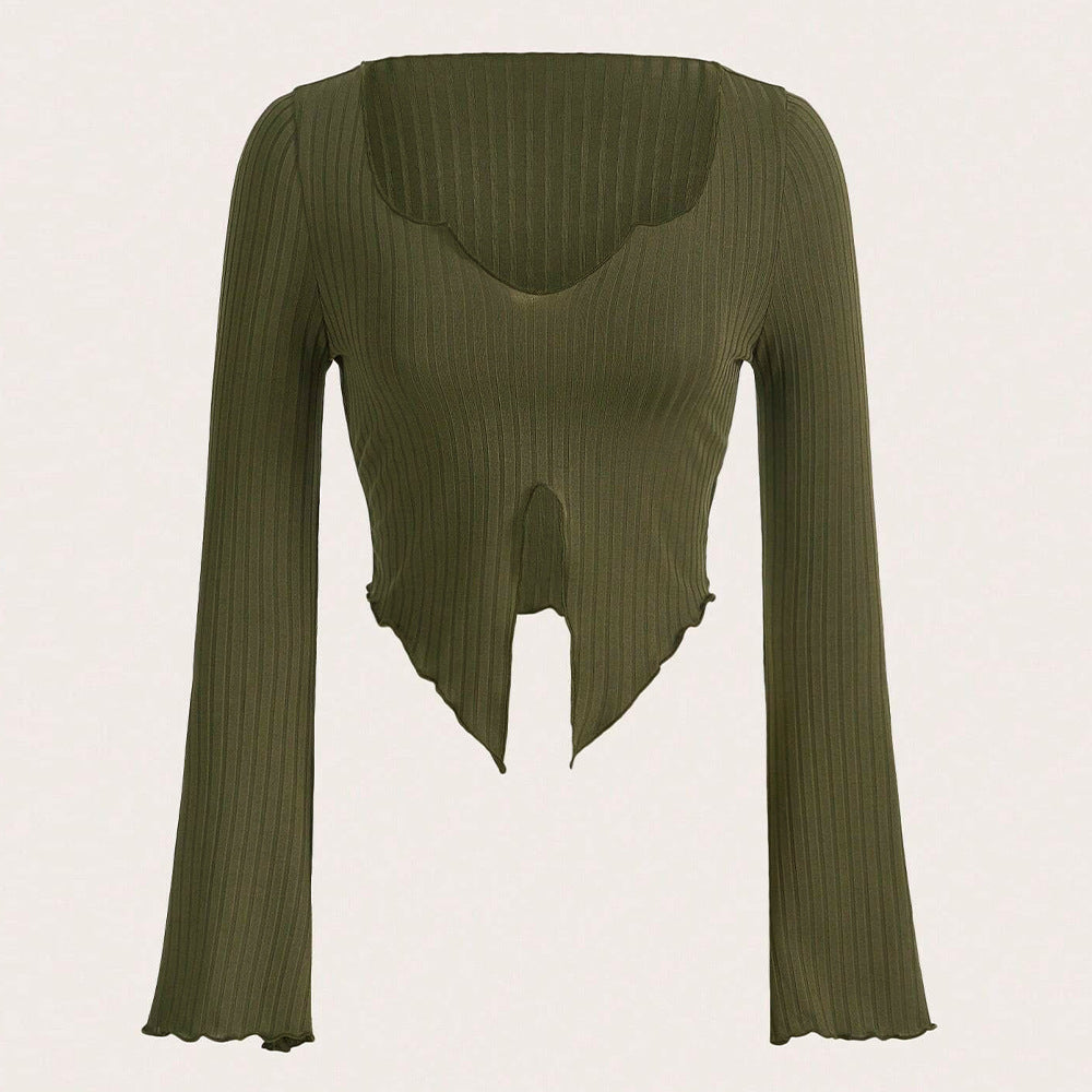 Damen fein geripptes Cropped-Longsleeve mit asymmetrischem Wellensaum und Cut-Out – Avérine
