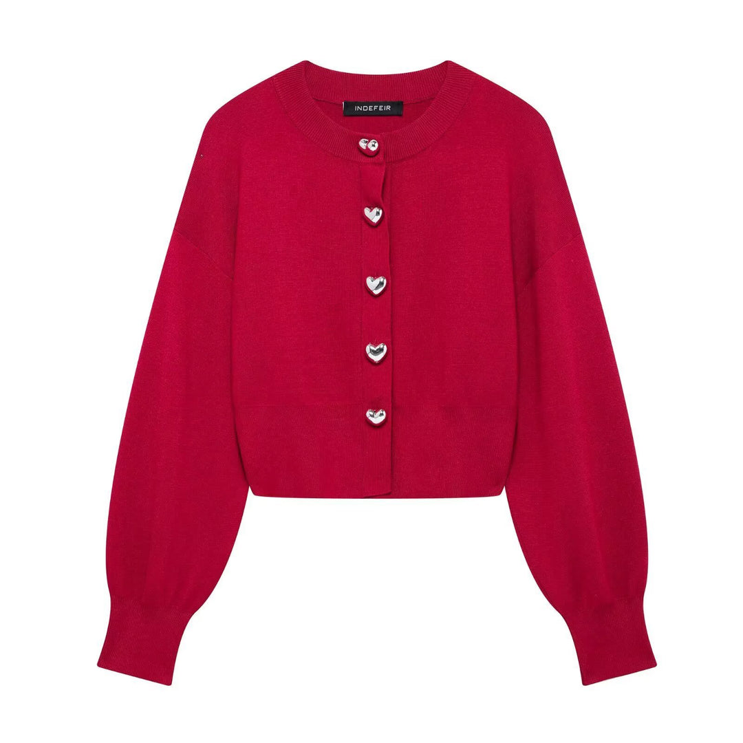 Damen Cropped Strickcardigan mit Ballonärmeln und Herz‑Zierknöpfen Echoarchiv