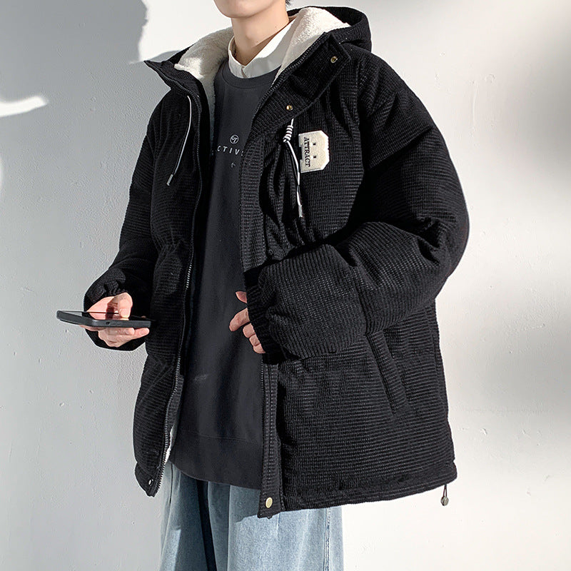 Herren Gepolsterte Cord-Steppjacke mit Kapuze, Teddyfleece-Innenfutter und Oversize-Schnitt Echo Archiv