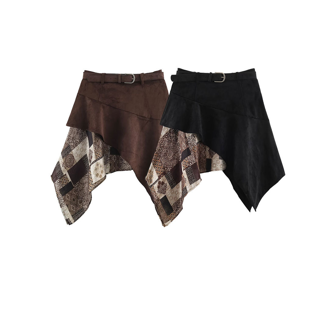 Damen Asymmetrischer Patchwork-Wickelrock mit Taillengürtel und Lagenoptik Echoarchiv