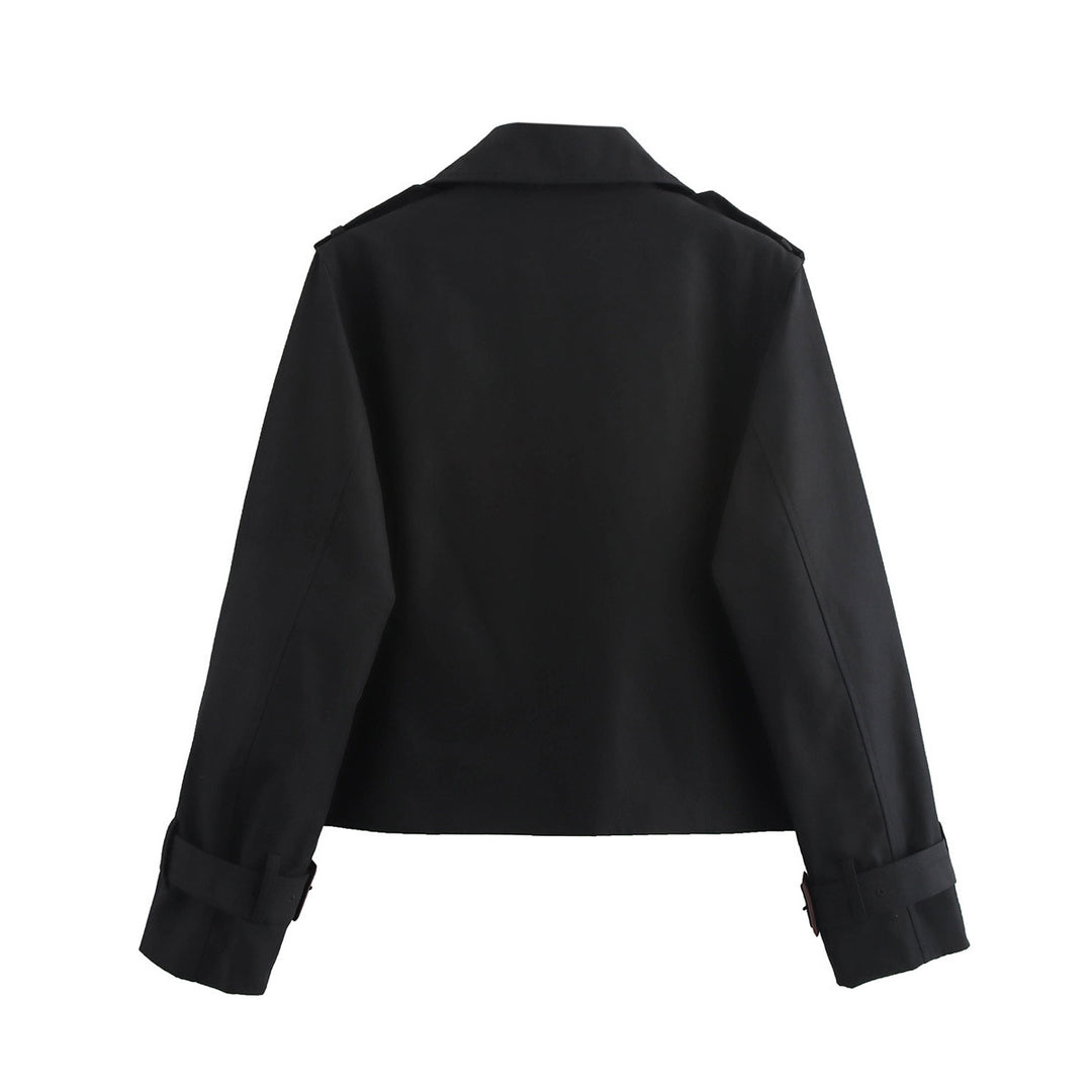 Damen kurz geschnittene Doppelreiher Trenchjacke mit Schulterriegeln und verstellbaren Manschetten – Célinea