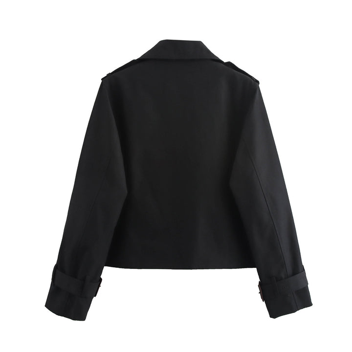 Damen kurz geschnittene Doppelreiher Trenchjacke mit Schulterriegeln und verstellbaren Manschetten – Célinea