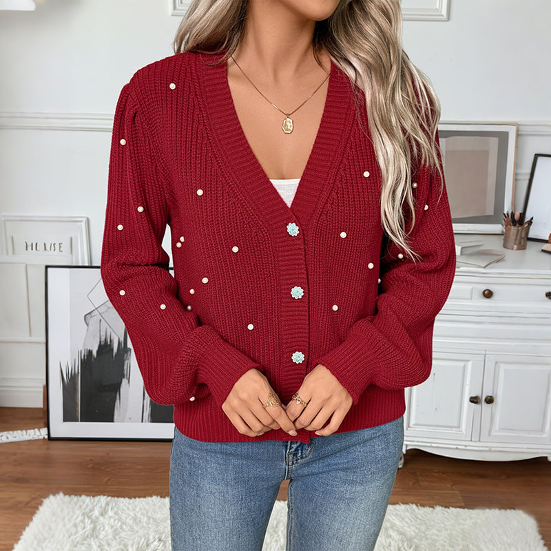 Damen Stilvolle Strickjacke mit Perlendetails Echo Archiv