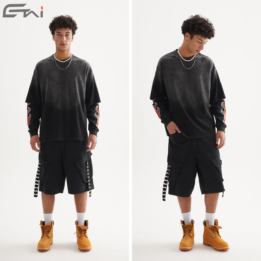 Herren Oversize-Langarmshirt mit doppeltem Lagenlook und Used-Details Echo Archiv