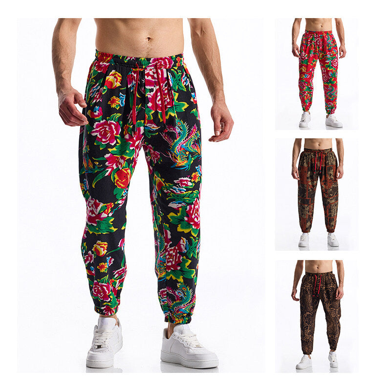 Herren lässige Haremshose mit buntem Blumenmuster und Gummizug Echoarchiv