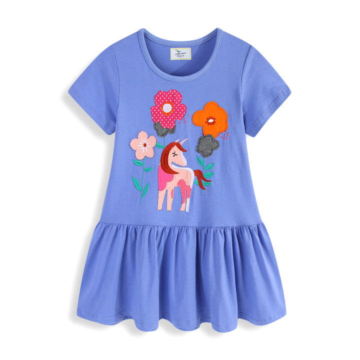 Mädchen Baumwoll-Kleid mit handgestickter Einhorn-Applikation Echo Archiv
