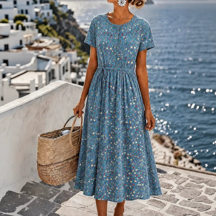 Damen Midikleid mit floralem Alloverprint, Tunnelzugtaillenband und Knopfleiste – Élara