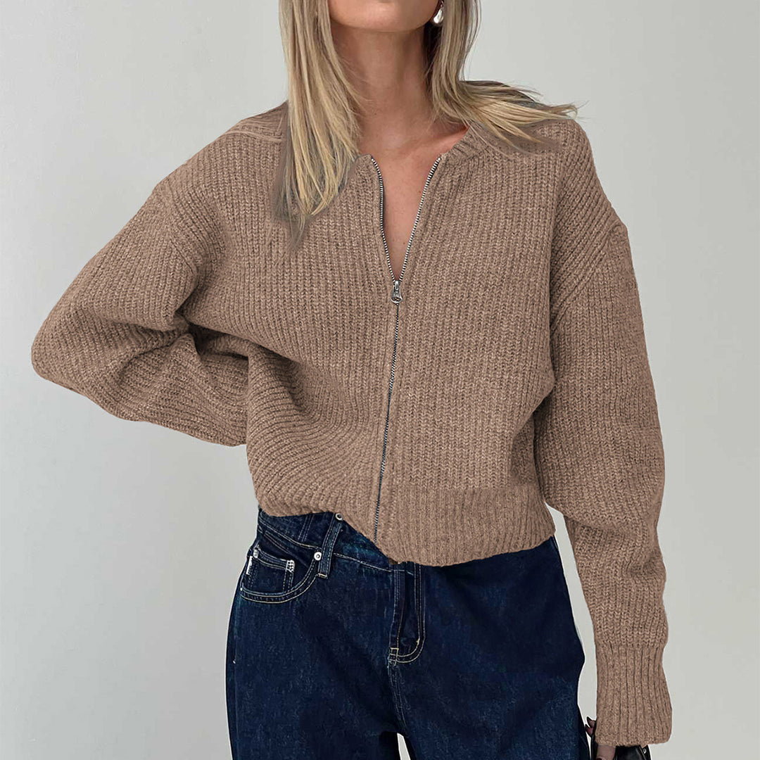 Damen nan kurzes Zip-Strickoberteil mit geripptem Saum, überschnittener Schulter und weichem Wollmix Echo Archiv
