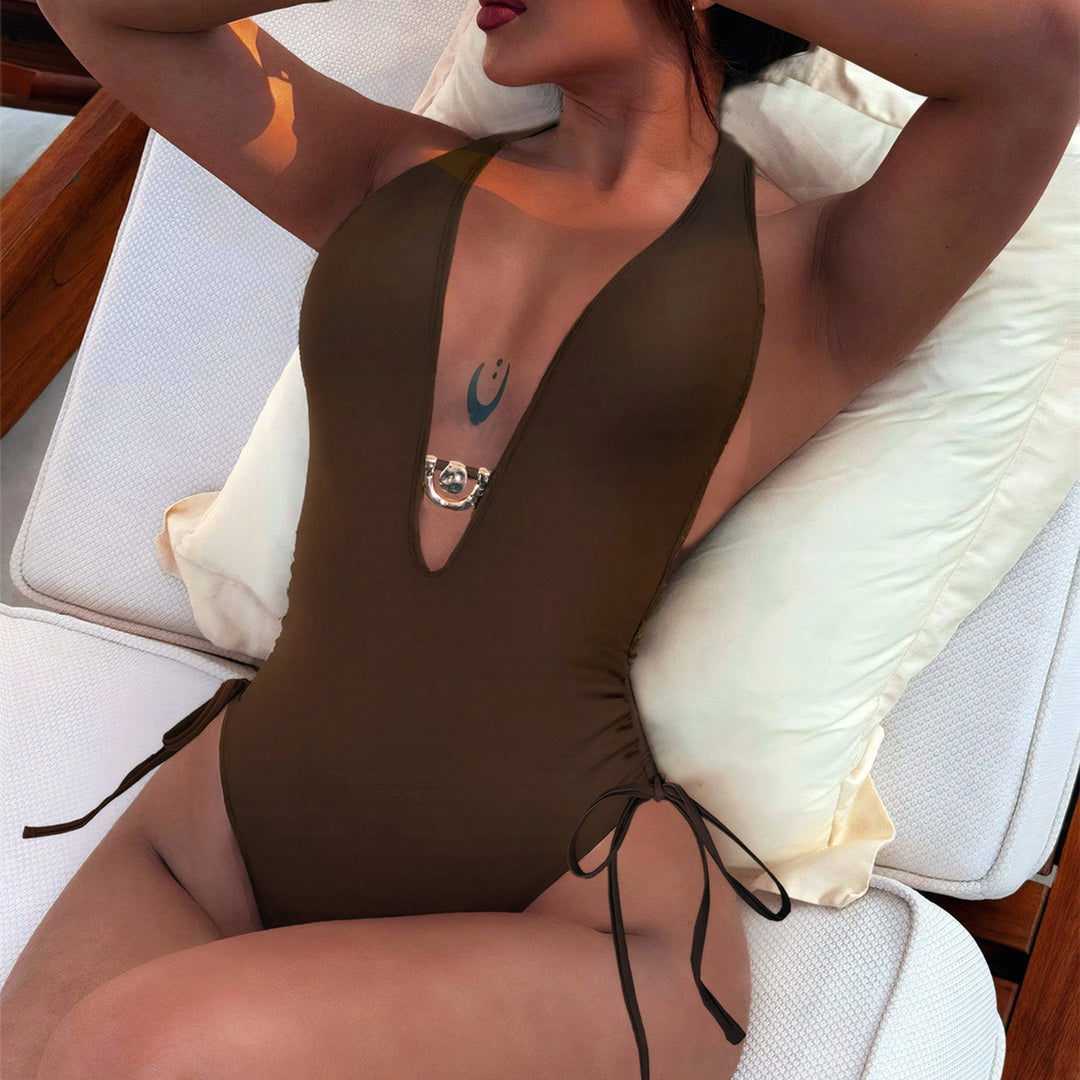 Damen Eleganter niedriger V-Ausschnitt Einteiler Badeanzug mit Schnüroptik Echo Archiv