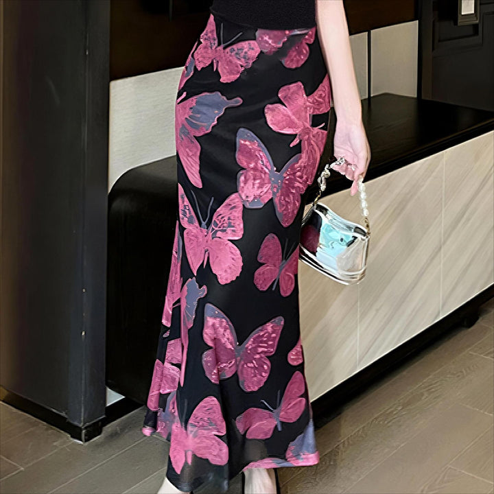 Damen elegantes Maxikleid mit floralem Schmetterlingsmuster und fließendem Stoff Echo Archiv