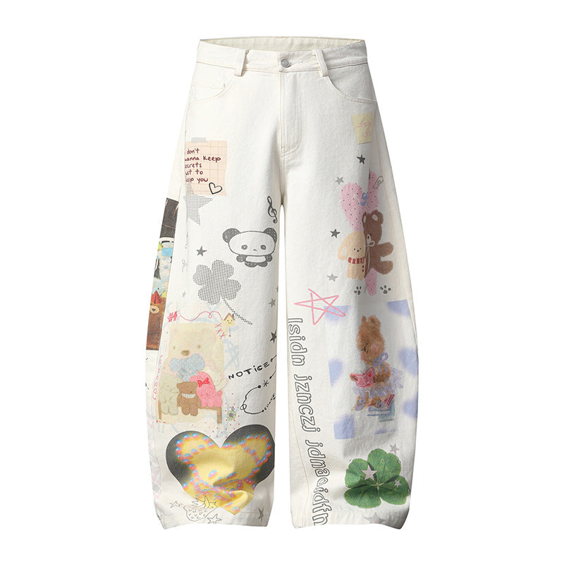 Damen Weite High‑Waist Culotte-Jeans mit verspieltem Allover-Mixed-Print und elastischem Saum Echoarchiv