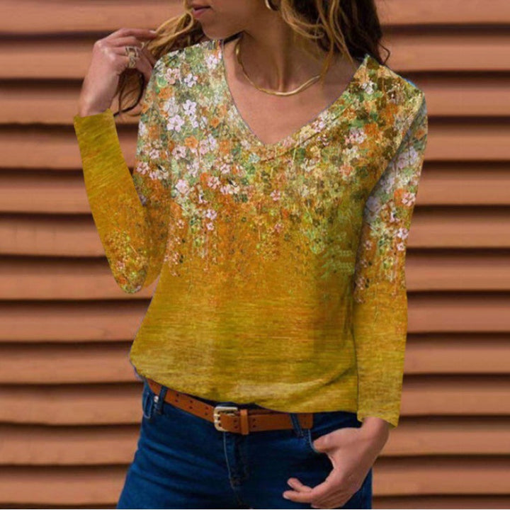 Damen Langarm V-Ausschnitt-Tunika mit floralem Aquarellprint und leichter Jersey-Qualität Echo Archiv