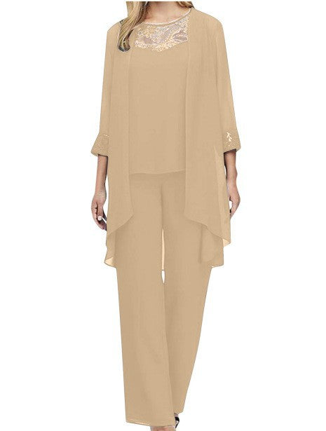 Damen nan fließendes Chiffon-Abendensemble mit Spitzenbesatz, Kimono-Cardigan und weiter Palazzohose Echo Archiv
