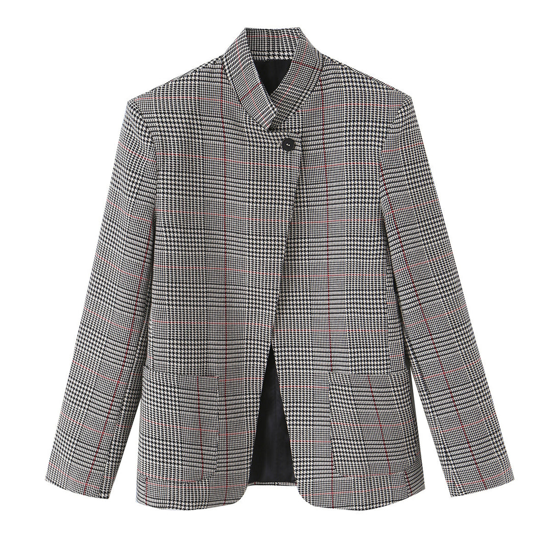Damen Glencheck-Kurzblazer im Boxy-Schnitt mit Stehkragen und verdeckter Knopfleiste Echoarchiv