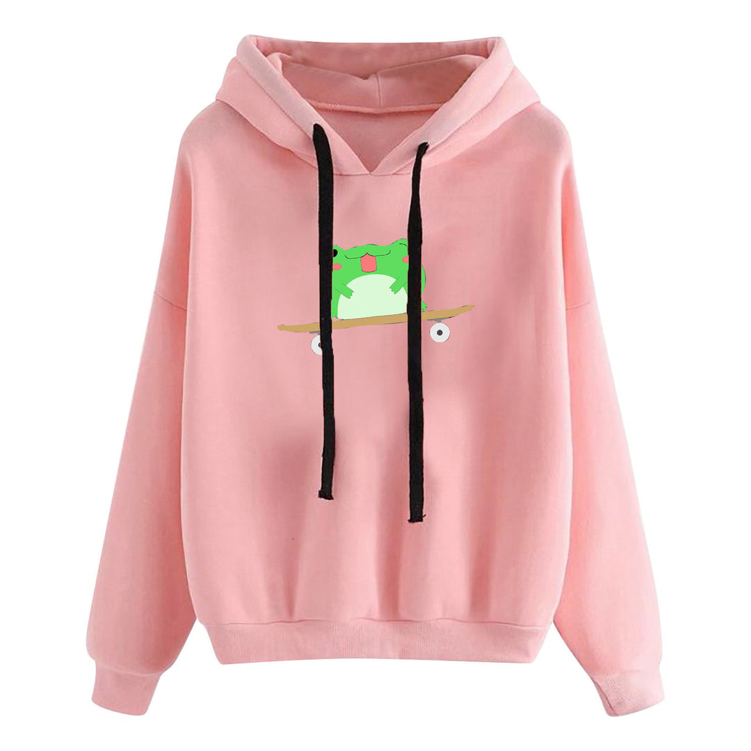 Damen kurz geschnittener Cropped-Kapuzenpullover mit niedlicher Frosch-Illustration und verstellbarer Kapuze – Auréline