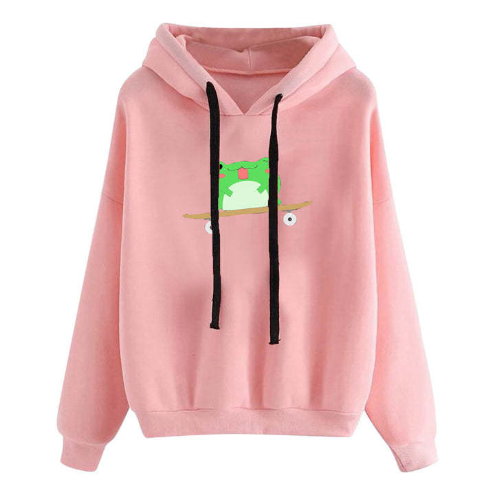 Damen kurz geschnittener Cropped-Kapuzenpullover mit niedlicher Frosch-Illustration und verstellbarer Kapuze – Auréline