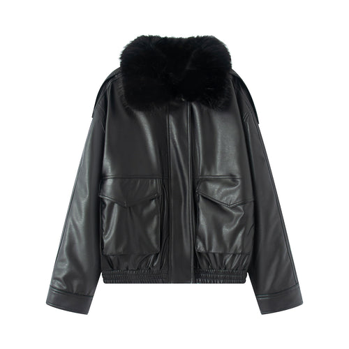 Damen taillierter Kunstleder-Blouson mit voluminösem Kunstfellkragen und aufgesetzten Pattentaschen – Célinea