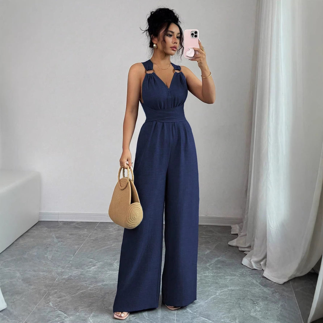 Damen Jumpsuit mit weitem Bein, tailliertem Wickelband und Ösen-Trägern Echo Archiv