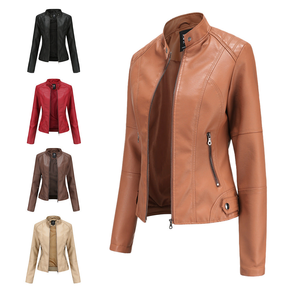 Damen nan schlanke Kunstlederjacke im Bikerstil mit Stehkragen und formenden Abnähern Echo Archiv