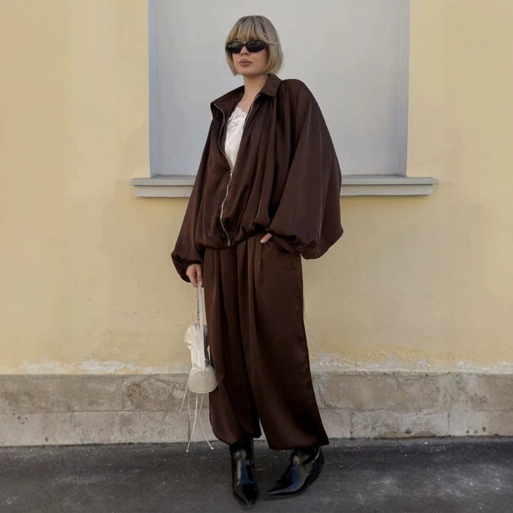 Damen Elegantes Satin-Zweiteiler-Set mit Oversize-Blouson und weiter Palazzo-Hose Echoarchiv