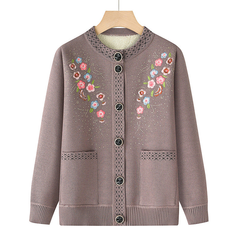 Damen bestickte Strickjacke mit Rundhals, aufgesetzten Taschen und dekorativer Knopfleiste – Veloura