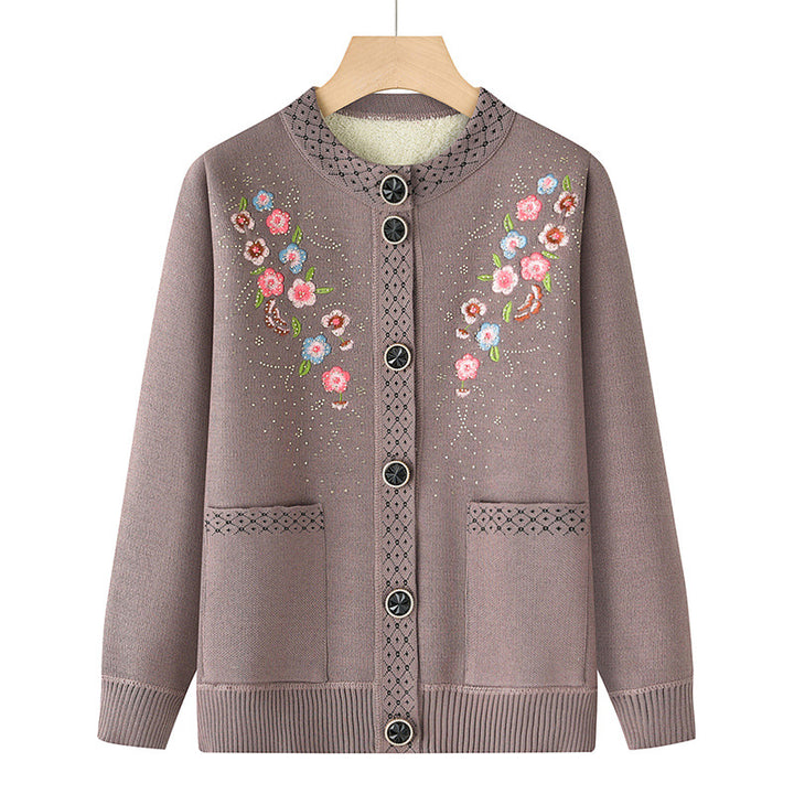 Damen bestickte Strickjacke mit Rundhals, aufgesetzten Taschen und dekorativer Knopfleiste – Veloura