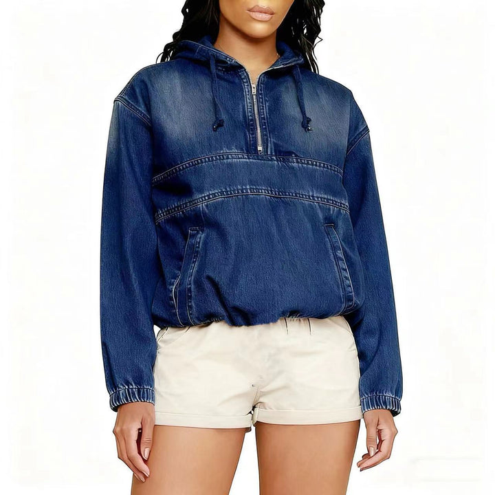 Damen Jeans-Hoodie mit halbem Reißverschluss, Kapuze und elastischem Saum Echo Archiv