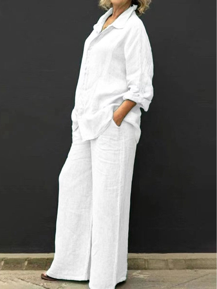 Damen Entspanntes Leinen-Set mit Oversize-Hemd und weiter Palazzo-Hose Echo Archiv