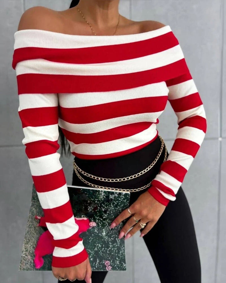 Damen Lässiges gestreiftes Oberteil im Off-Shoulder-Stil Echo Archiv