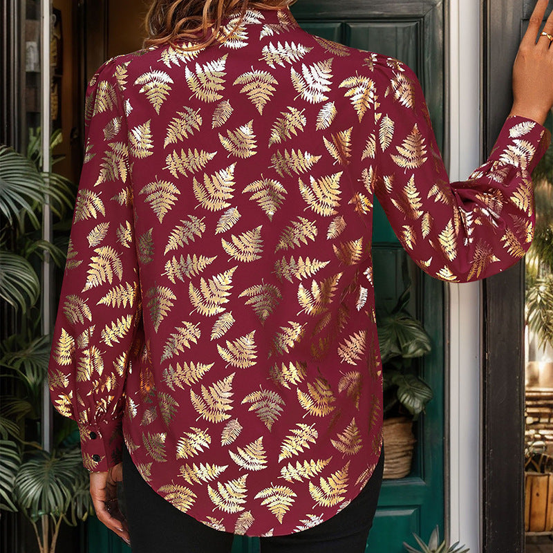 Damen Satin-Bluse mit metallischem Farnprint, Stehkragen & Puffärmeln Echoarchiv
