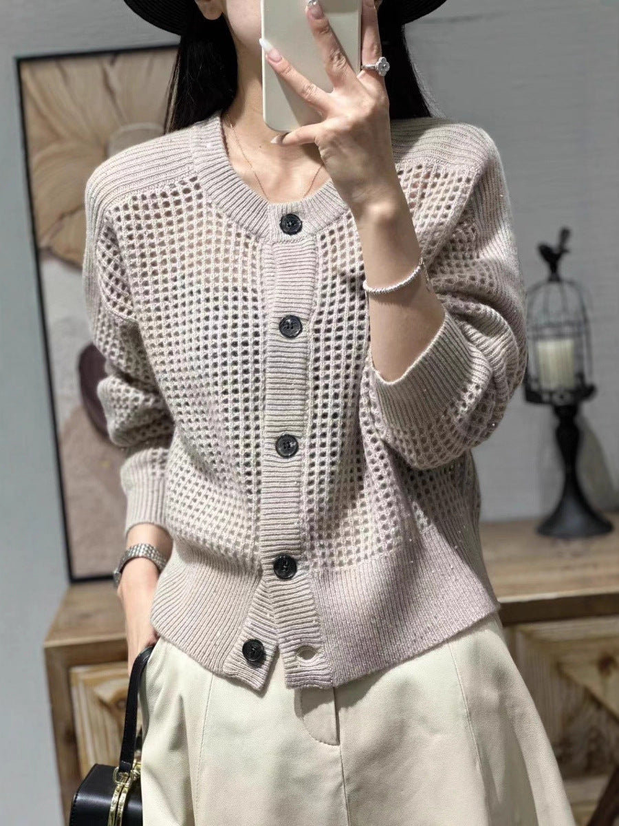 Damen Lockerer Mesh‑Cardigan mit Gitter‑Ajour, Rundhalsausschnitt und Knopfleiste Echoarchiv