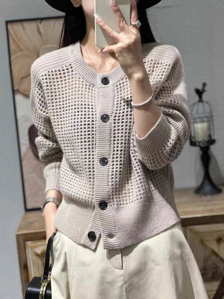 Damen Lockerer Mesh‑Cardigan mit Gitter‑Ajour, Rundhalsausschnitt und Knopfleiste Echoarchiv