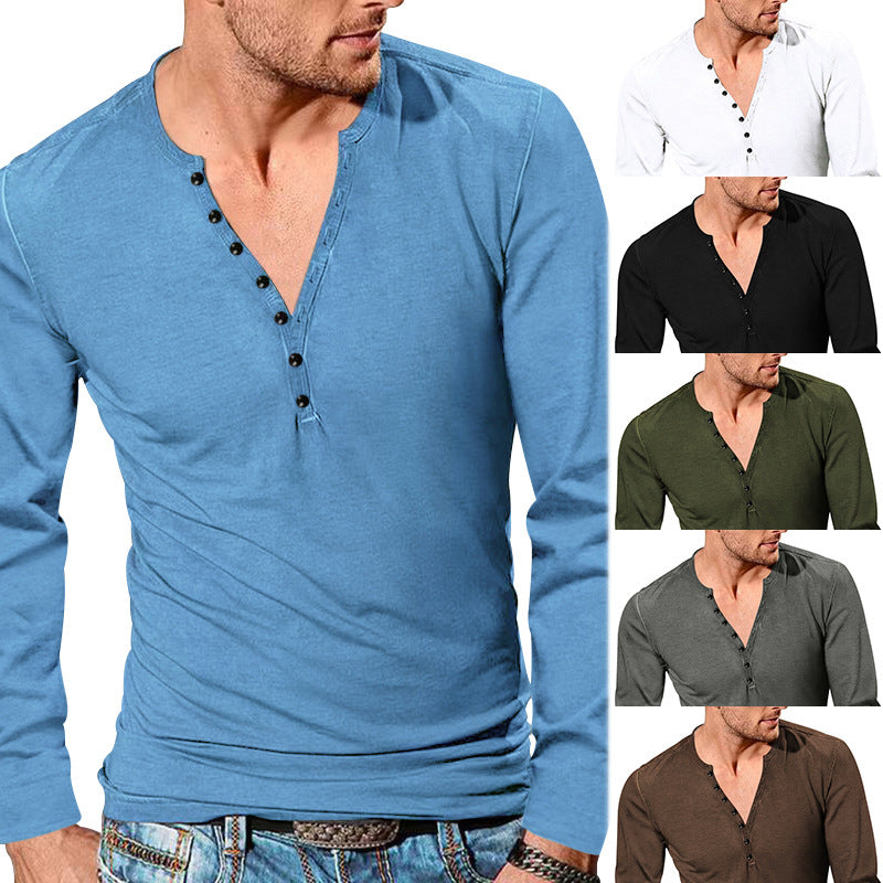 Herren nan langärmeliges Henleyshirt mit tiefer V-Knopfleiste, schmalem Slimfit und leichter Baumwollmischung Echo Archiv