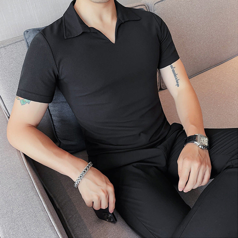Herren Polo T-Shirt mit modernem V-Ausschnitt und atmungsaktiver Struktur Echoarchiv
