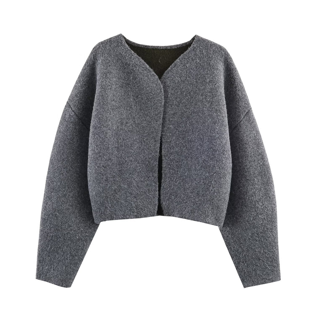 Damen Kurz geschnittene Boxy-Jacke aus Bouclé‑Wollmix mit offenem V‑Ausschnitt Echoarchiv