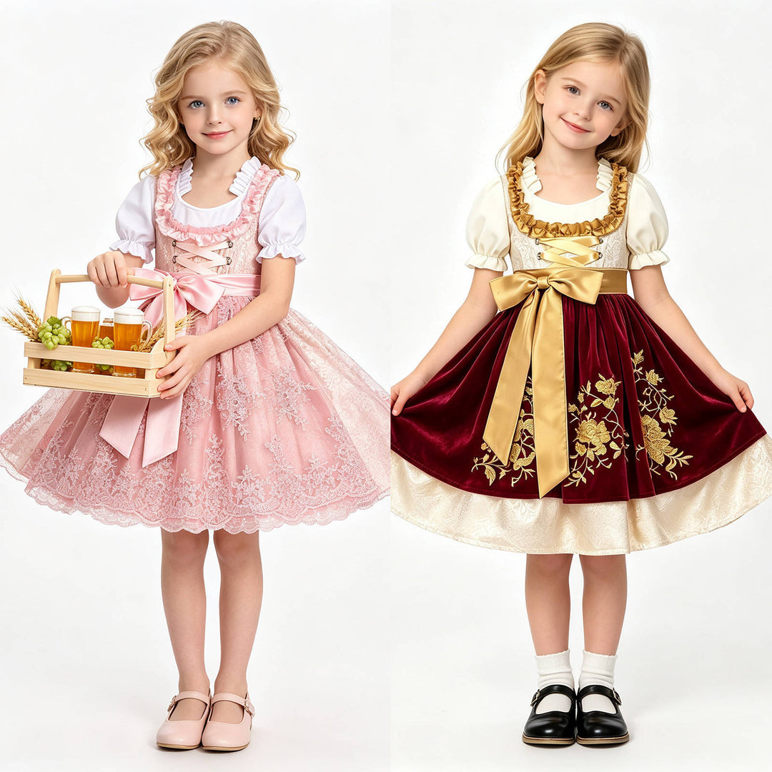 Damen nan traditionelles Kinderdirndl mit bestickter Schürze und Rüschenbluse Echo Archiv