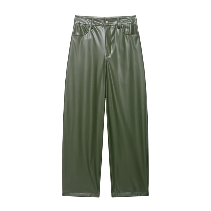 Damen Zweiteiliges PU-Leder-Ensemble mit Fieldjacke, Kordelzugtaillierung und High‑Waist Wide‑Leg Hose Echo Archiv