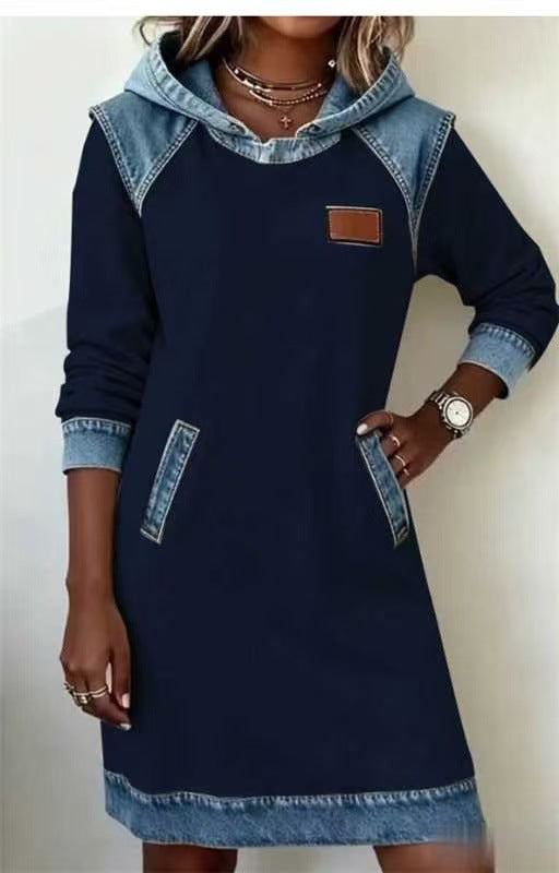Damen nan Kapuzen-Sweatkleid mit Jeans-Applikationen, Kängurutaschen und lässigem Schnitt Echo Archiv