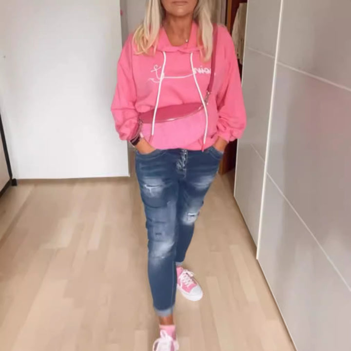 Damen nan lässiger Kapuzenpullover mit minimalistischer Liniengrafik, Kordelzug und geripptem Saum Echo Archiv