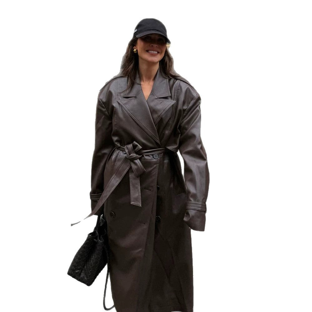 Damen Maxilanger Oversize Kunstleder-Trenchcoat mit weitem Revers und Taillengürtel Echoarchiv