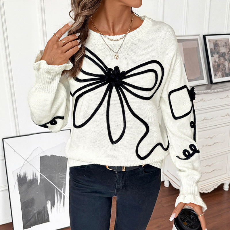 Damen Strickpullover mit kontrastierter Kordelblumenapplikation und Rippbündchen Echoarchiv