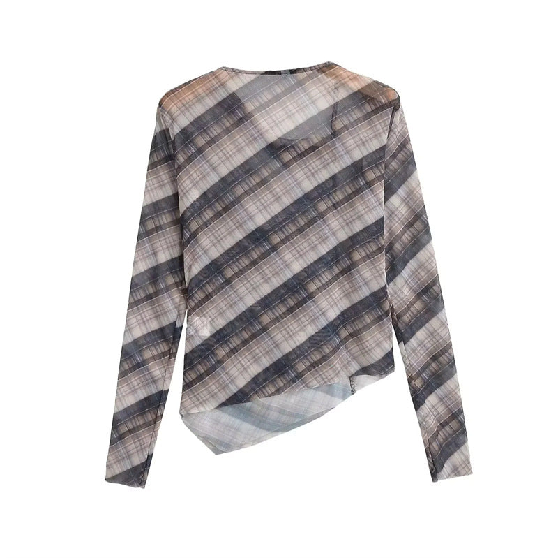 Damen nan transparentes asymmetrisches Karomuster Longsleeve Echo Archiv