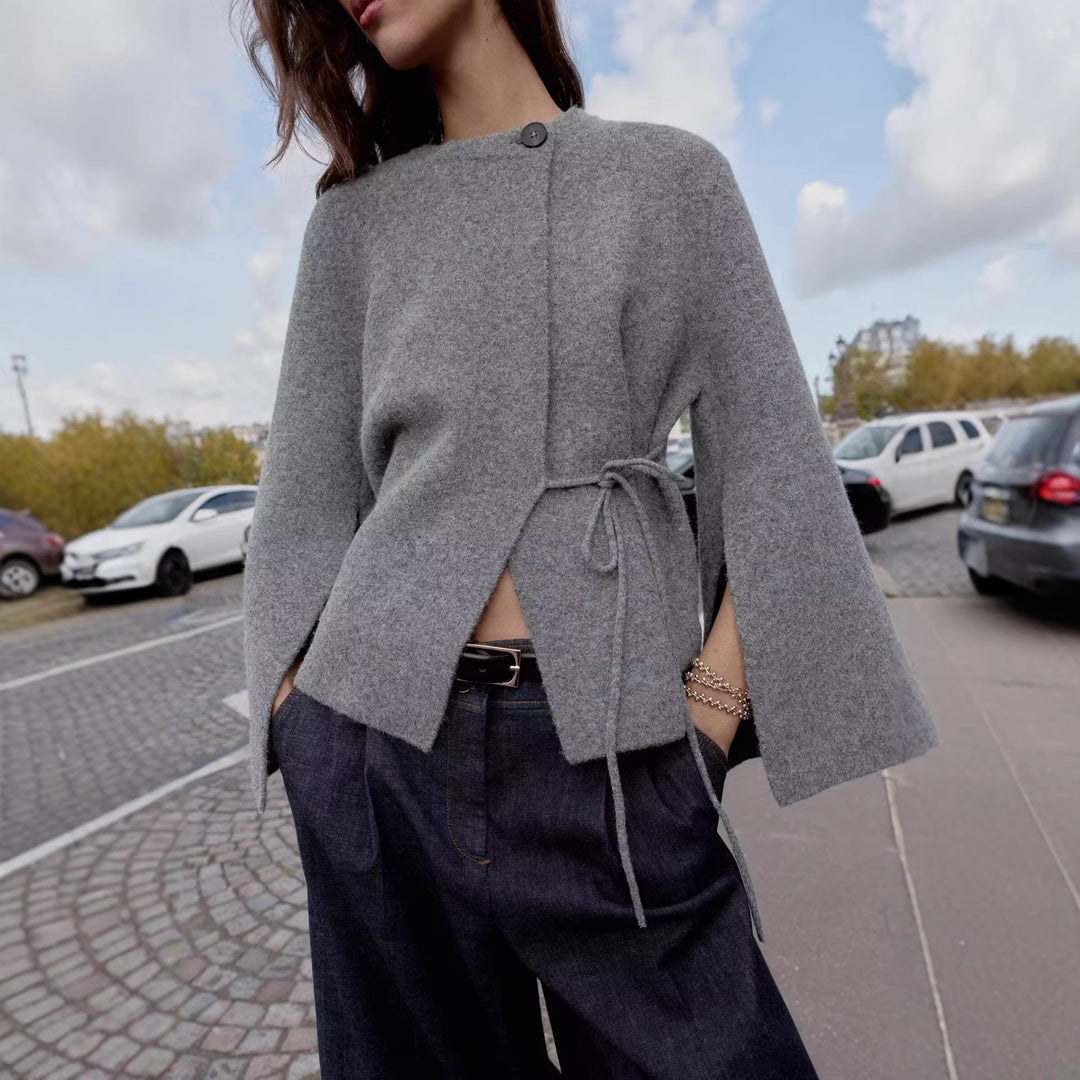 Damen Kurzes Wollmix‑Cape mit Rundhals, Tunnelzug‑Taillierung und Trompetenärmeln Echoarchiv