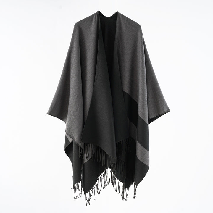 Damen Multifunktionaler Fransen‑Wickelponcho aus Wollmix mit doppellagigem Fall Echo Archiv