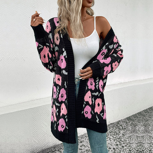 Damen Langer Strickcardigan mit Oversize-Schnitt, Animal-Jacquard und gerippten Bündchen Echoarchiv